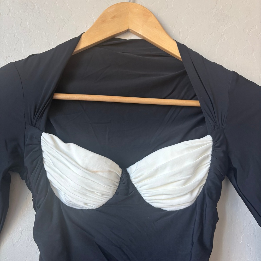 Lirika Matoshi Desa Top Ruched Long Sleeve Top Black White Pleated Bust Small - Picture 4 of 7